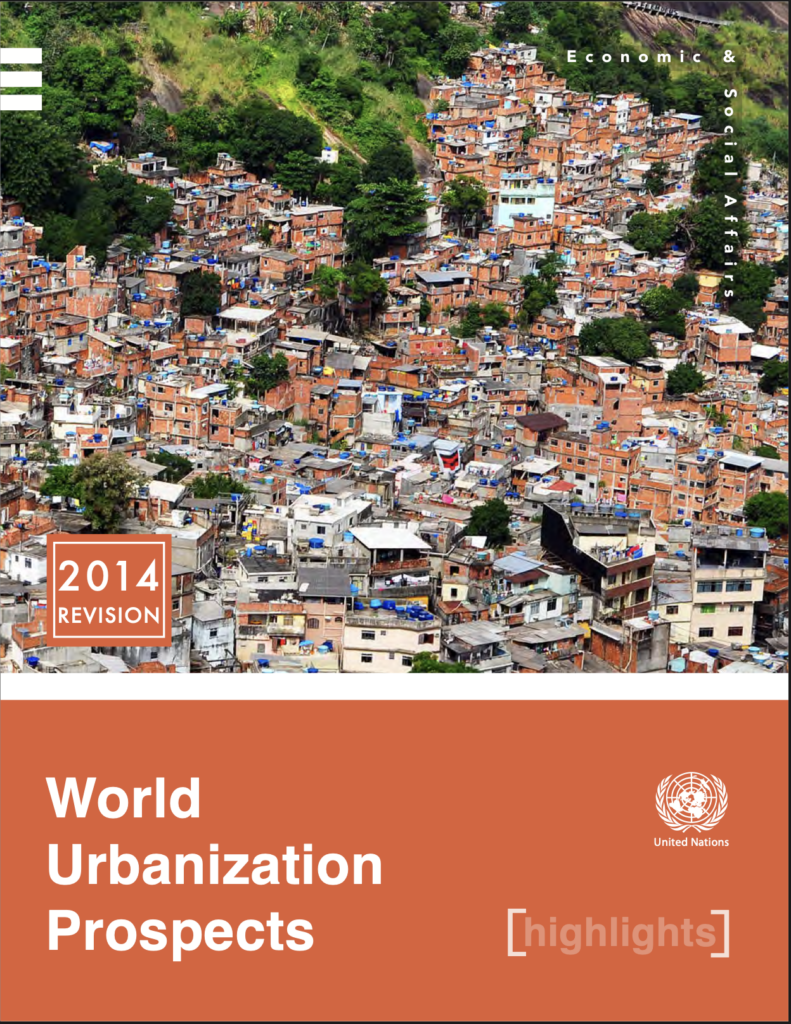 United Nations report cover titled 'World Urbanization Prospects: Highlights, 2014 Revision,' published by the Department of Economic and Social Affairs. The photo shows an aerial view of a dense, hillside urban settlement with closely packed brick and concrete buildings surrounded by green vegetation.