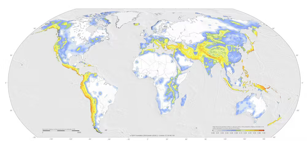 A map of global earthquake hazard showing regions at risk of earthquakes