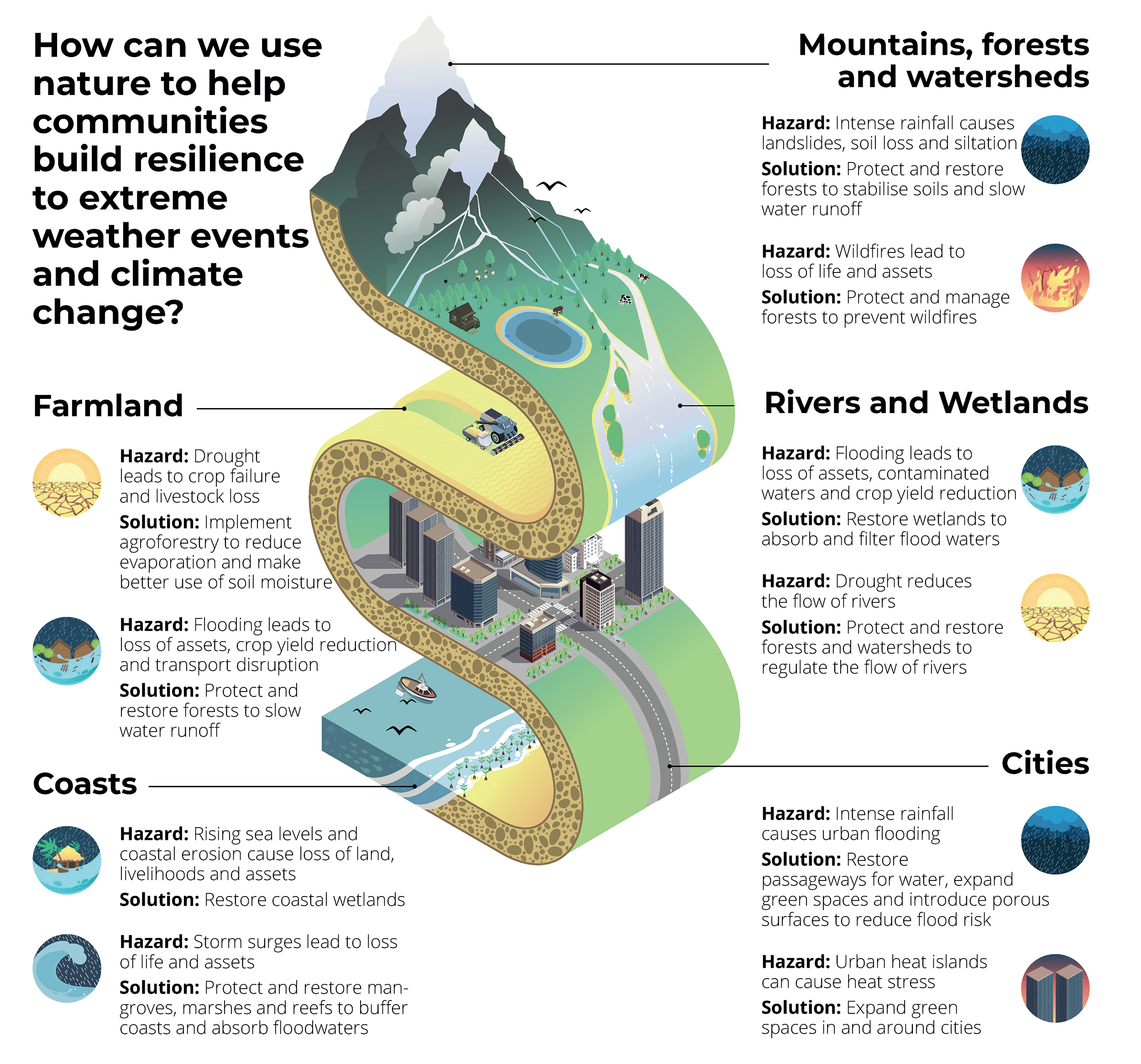 Graphic by Valentina Shapiro/IFRC. Source: IFRC. 2021. Nature-based solutions. Adapted from: World Resources Institute and the Global Center on Adaptation. 2019. Adapt now: A global call for leadership on climate resilience.