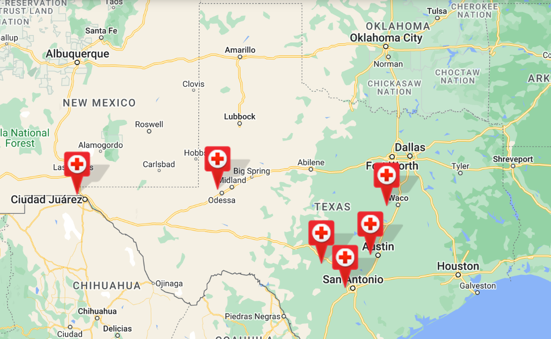 Widespread service area of the American Red Cross Central & South Texas Region, covering major cities across Texas as well as parts of New Mexico with red cross symbols marking the chapter locations over this expansive geographic territory.