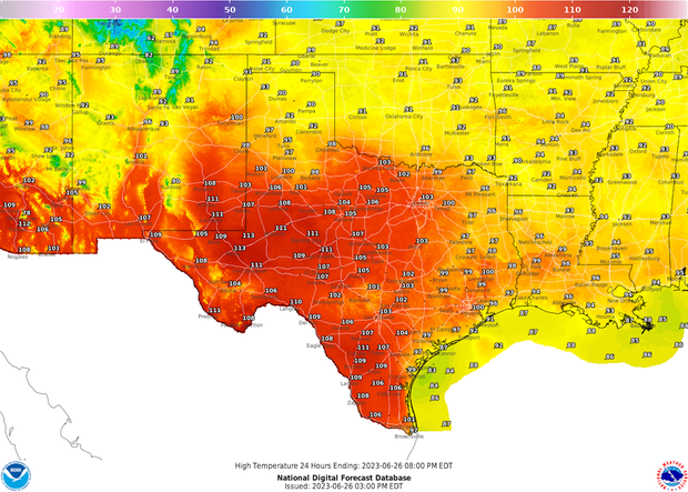 Persistent "heat dome" brought scorching temperatures to Texas in summer 2023. Map shows exceptionally high daytime highs and nighttime lows offering little respite from the heat wave. Source: National Weather Service