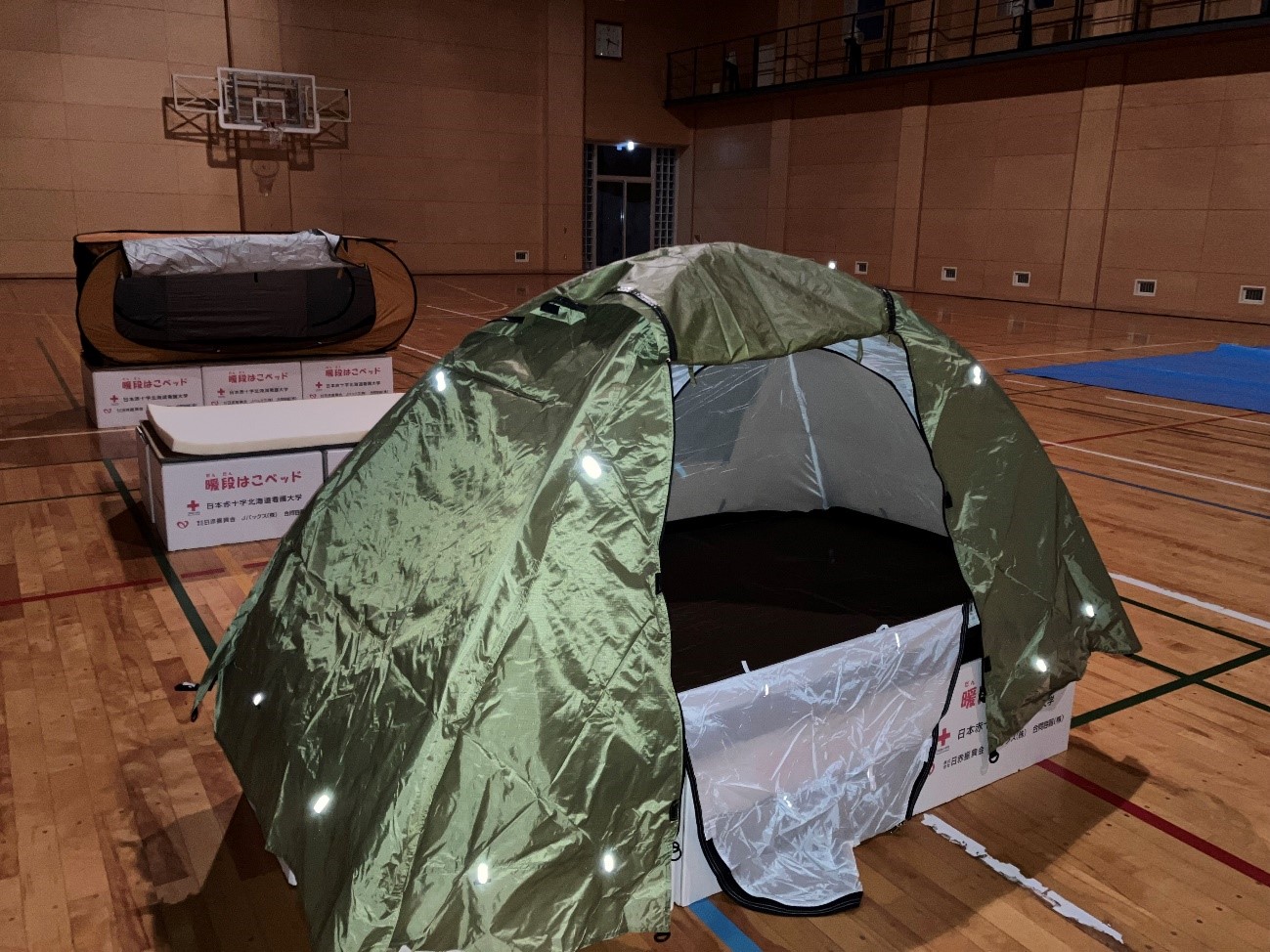 A tent on a cardboard bed demonstrates heat retention in unheated evacuation shelters