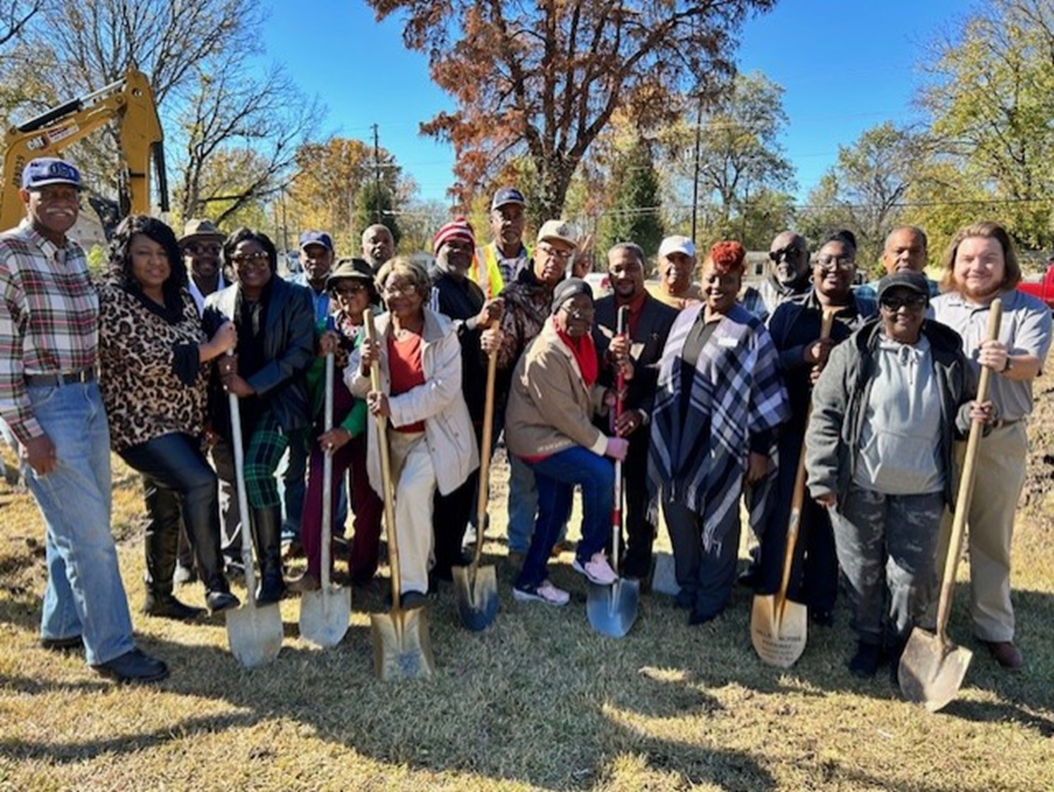 Tulane Missionary Baptist Church food distribution building Group of community members and partners standing outdoors with shovels during a groundbreaking ceremony for the new food distribution building at Tulane Missionary Baptist Church in Yazoo County, Mississippi.