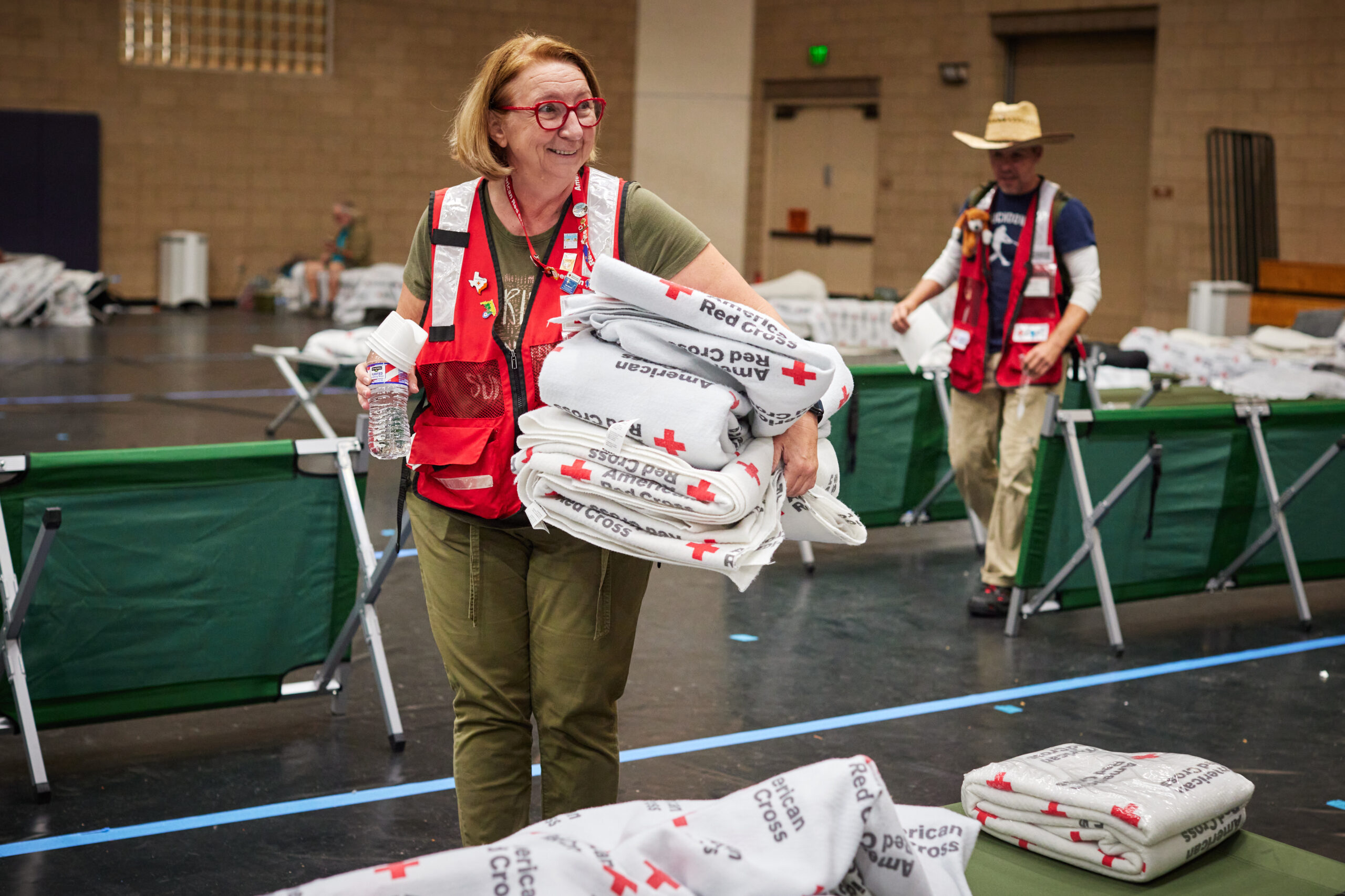 Southern California Wildfires 2024 September 15, 2024. Fontana, California.
Shelter volunteers help to set up to serve the needs of people and families displaced by disasters.