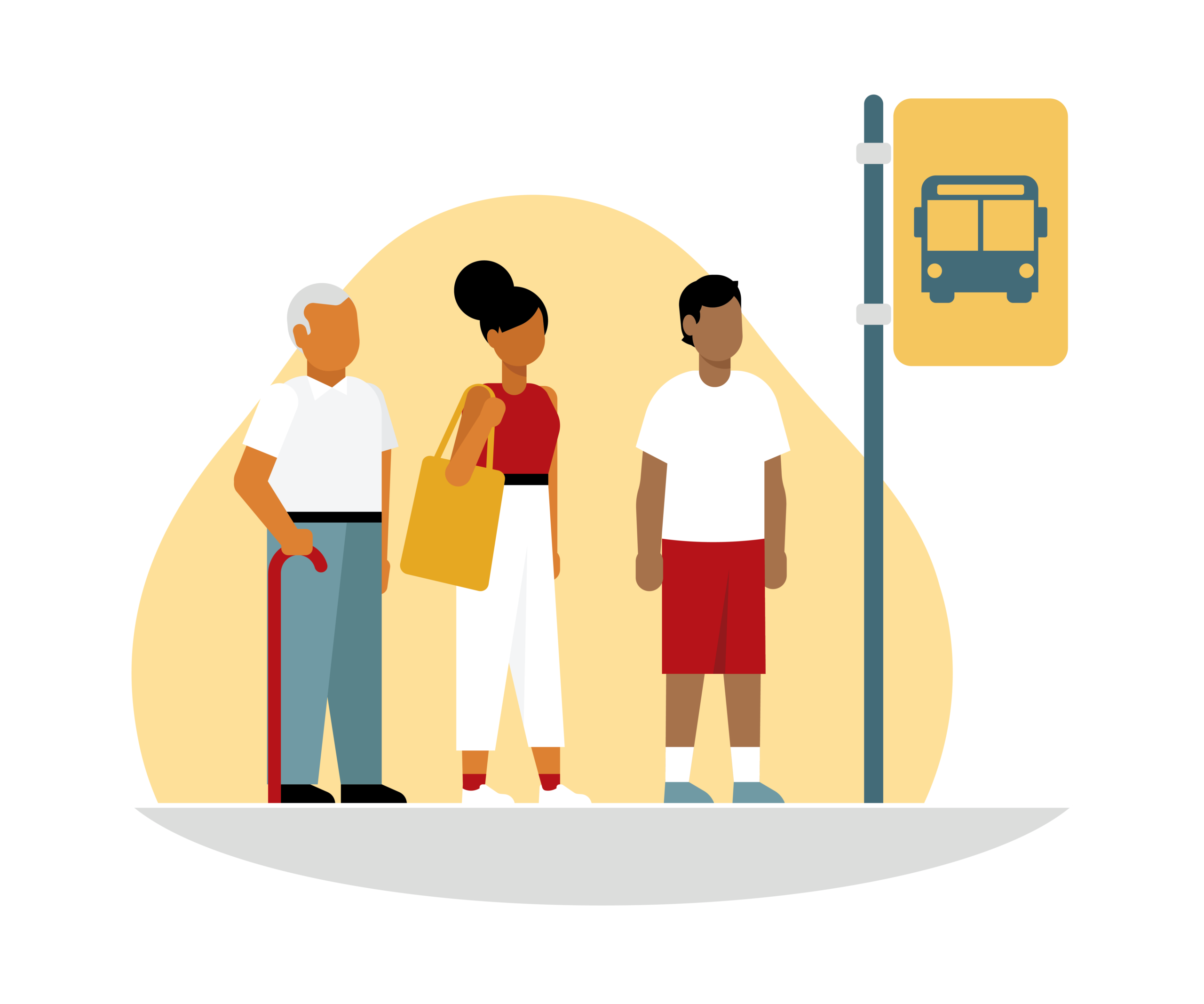 Illustration of three people waiting at a bus stop, including an older adult with a cane, a woman with a bag, and a young man.