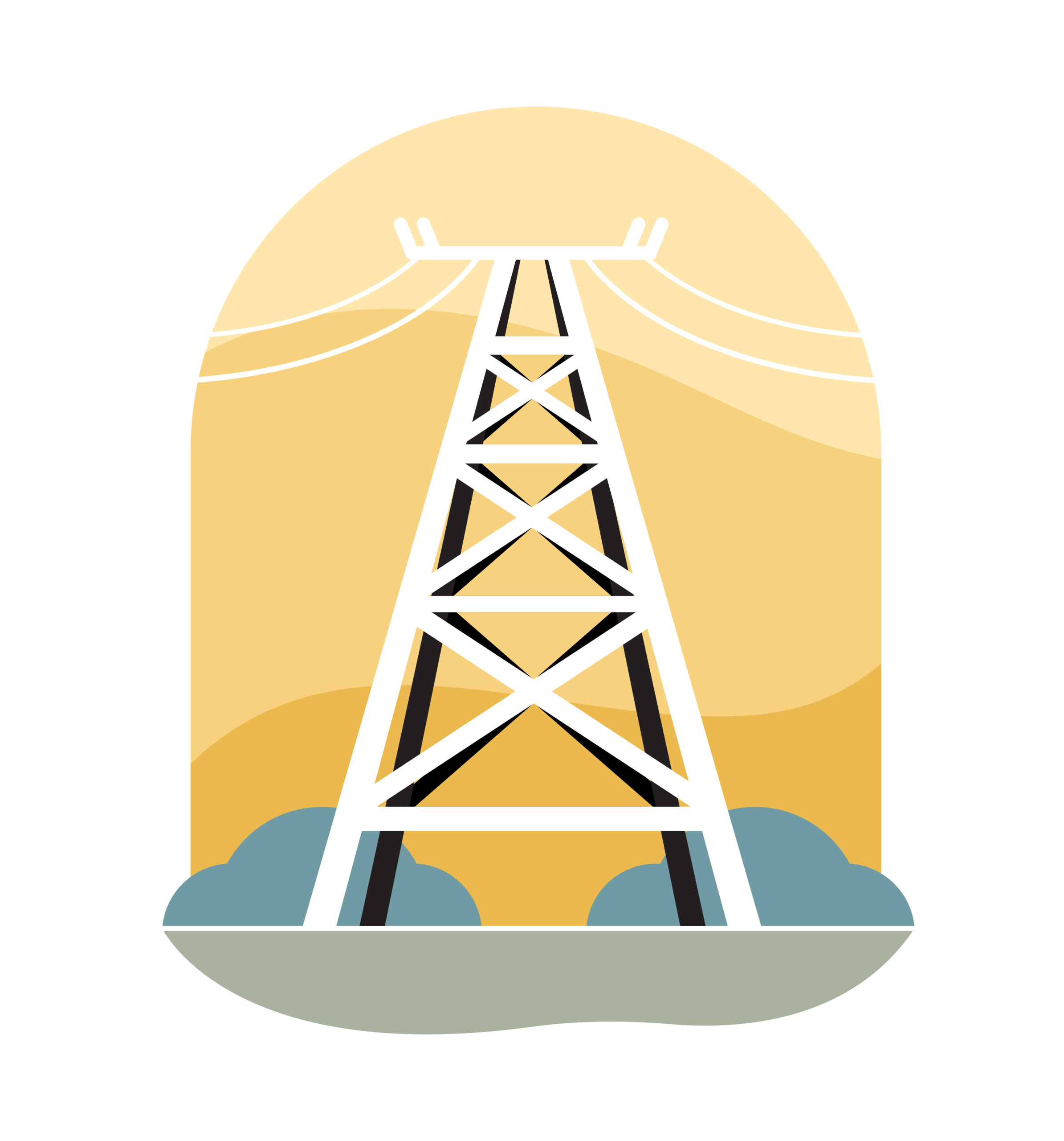 Illustration of a tall electrical transmission tower with power lines against a warm yellow background.