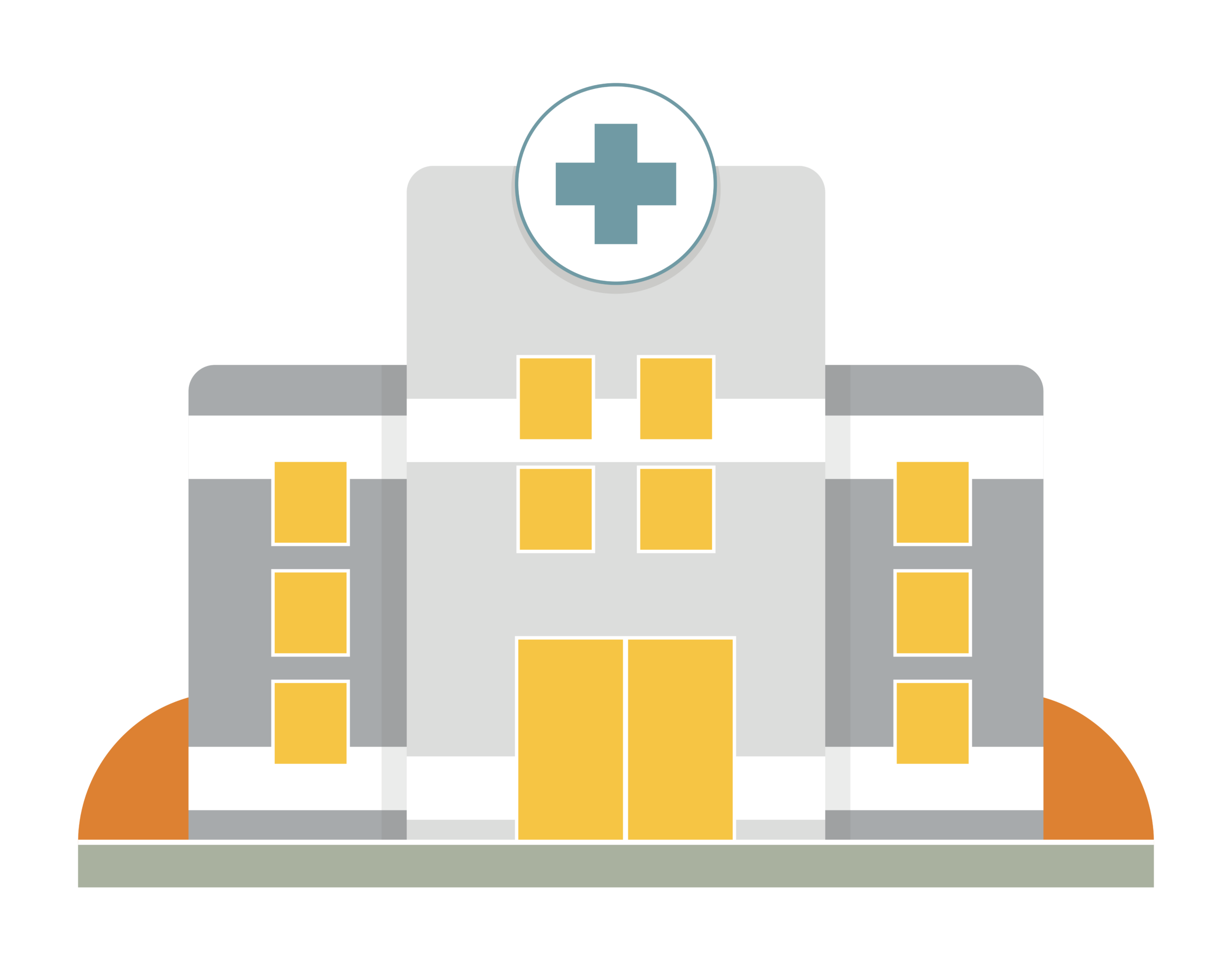 Illustration of a hospital building with a medical cross symbol above the entrance.