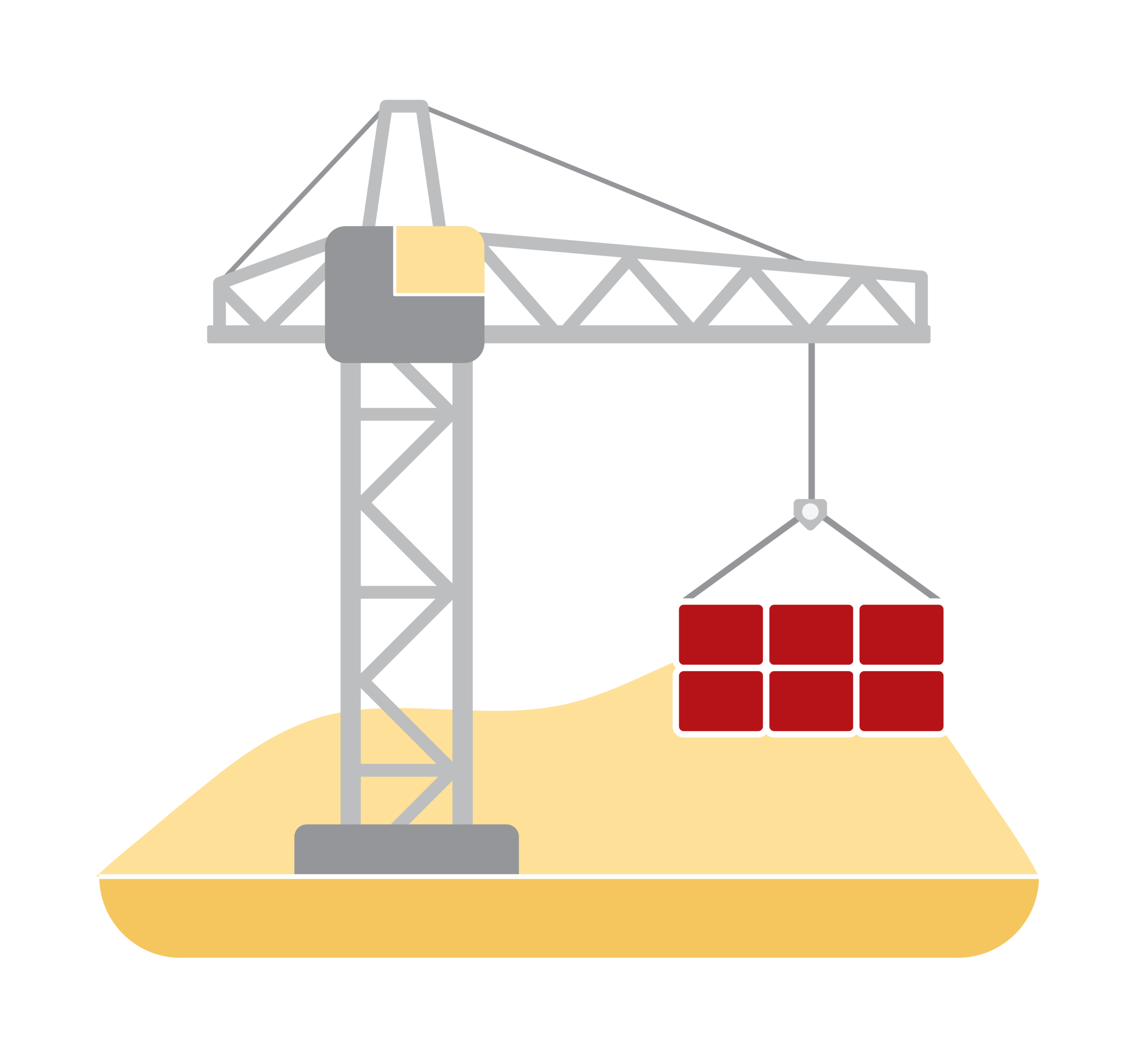 Illustration of a construction crane lifting red building materials, representing stress on critical infrastructure during extreme heat.