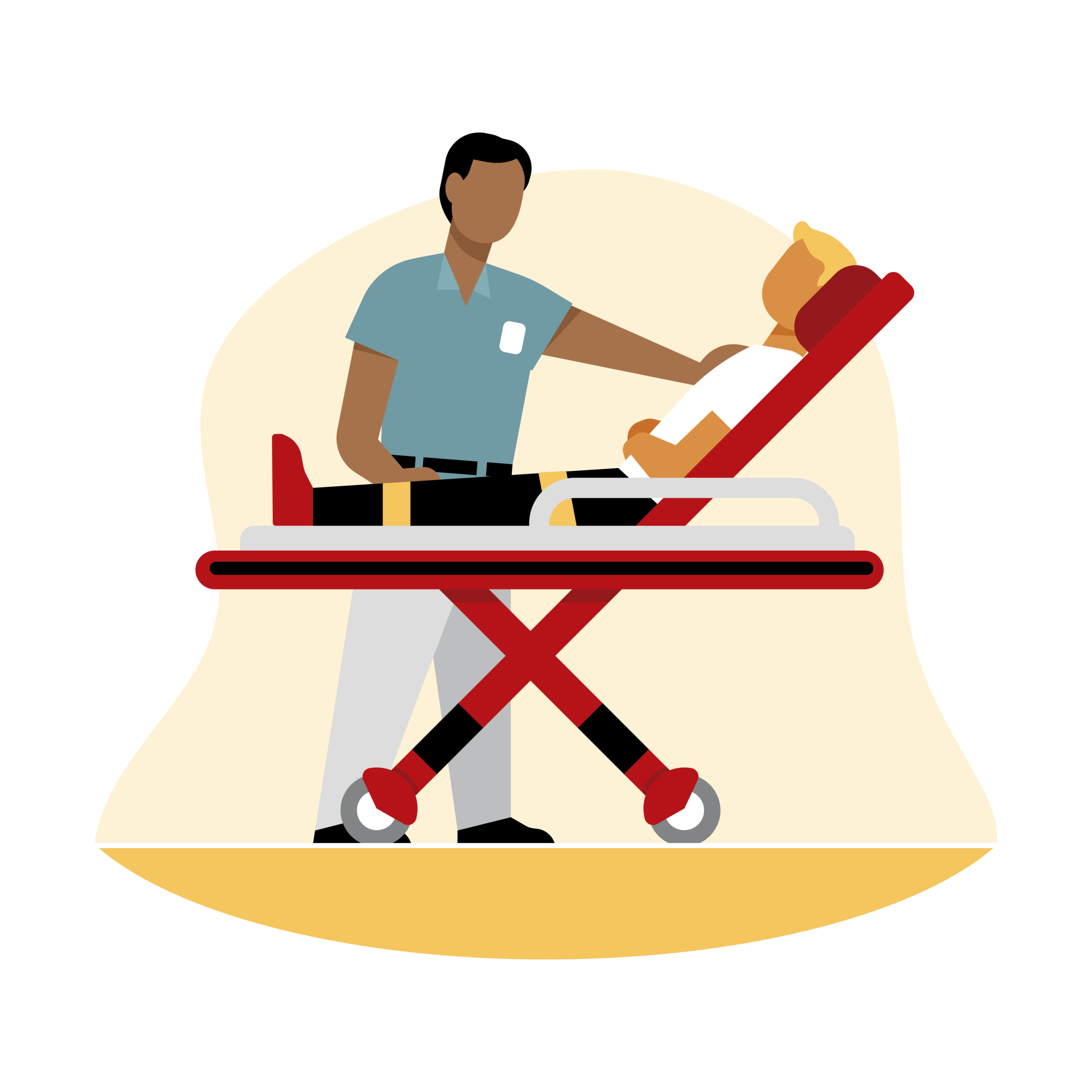 Illustration of a paramedic attending to a person lying on a stretcher.