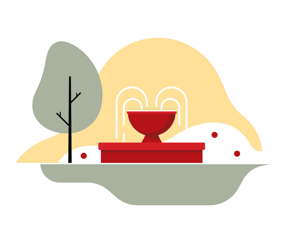 Illustration of a park scene with a red fountain, a tree, and landscaping.