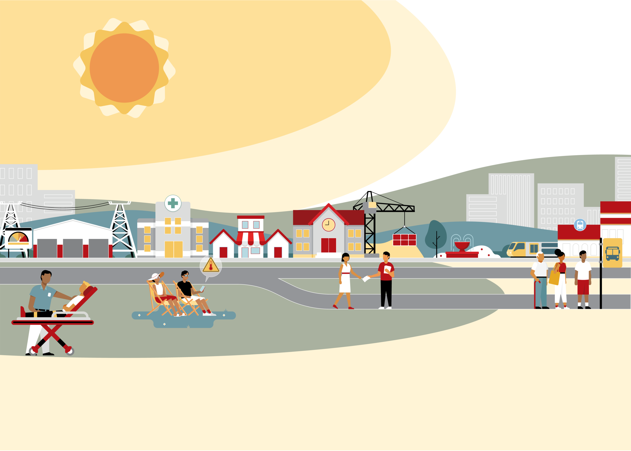 Illustration showing extreme heat as a systems issue, depicting people, infrastructure, natural environments, and urban elements interconnected under a large sun, representing how heat affects multiple components of urban life
