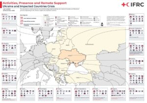 An IFRC map showing activities, presence and remote support across Ukraine and impacted countries during the Ukraine crisis, last updated 29 November 2023, detailing 18 host National Societies across 25 areas of intervention.