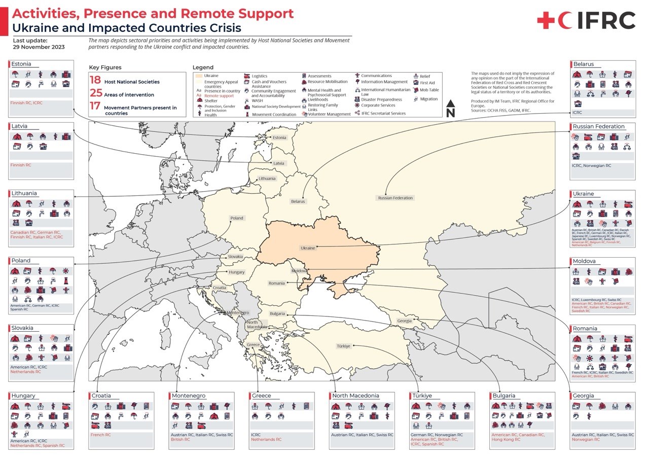 An IFRC map showing activities, presence and remote support across Ukraine and impacted countries during the Ukraine crisis, last updated 29 November 2023, detailing 18 host National Societies across 25 areas of intervention.