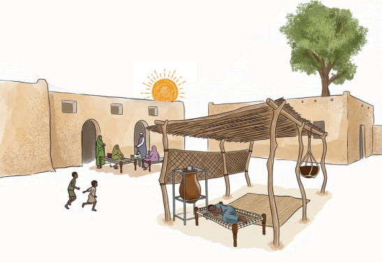 Illustration of a Sudanese courtyard under a bright sun, showing mud-brick walls with small high windows, a shaded structure (Al-Rakoba) with a palm-frond roof, a clay water pot, a traditional woven bed, a hanging food-storage basket, a shade tree, and people gathering and walking through the space.