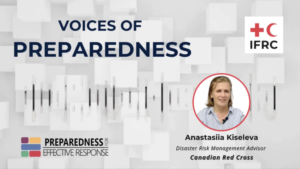 "Voices of Preparedness" podcast thumbnail featuring Anastasiia Kiseleva, Disaster Risk Management Advisor at the Canadian Red Cross, with the IFRC and Preparedness for Effective Response logos on a gray geometric background with an audio waveform graphic.