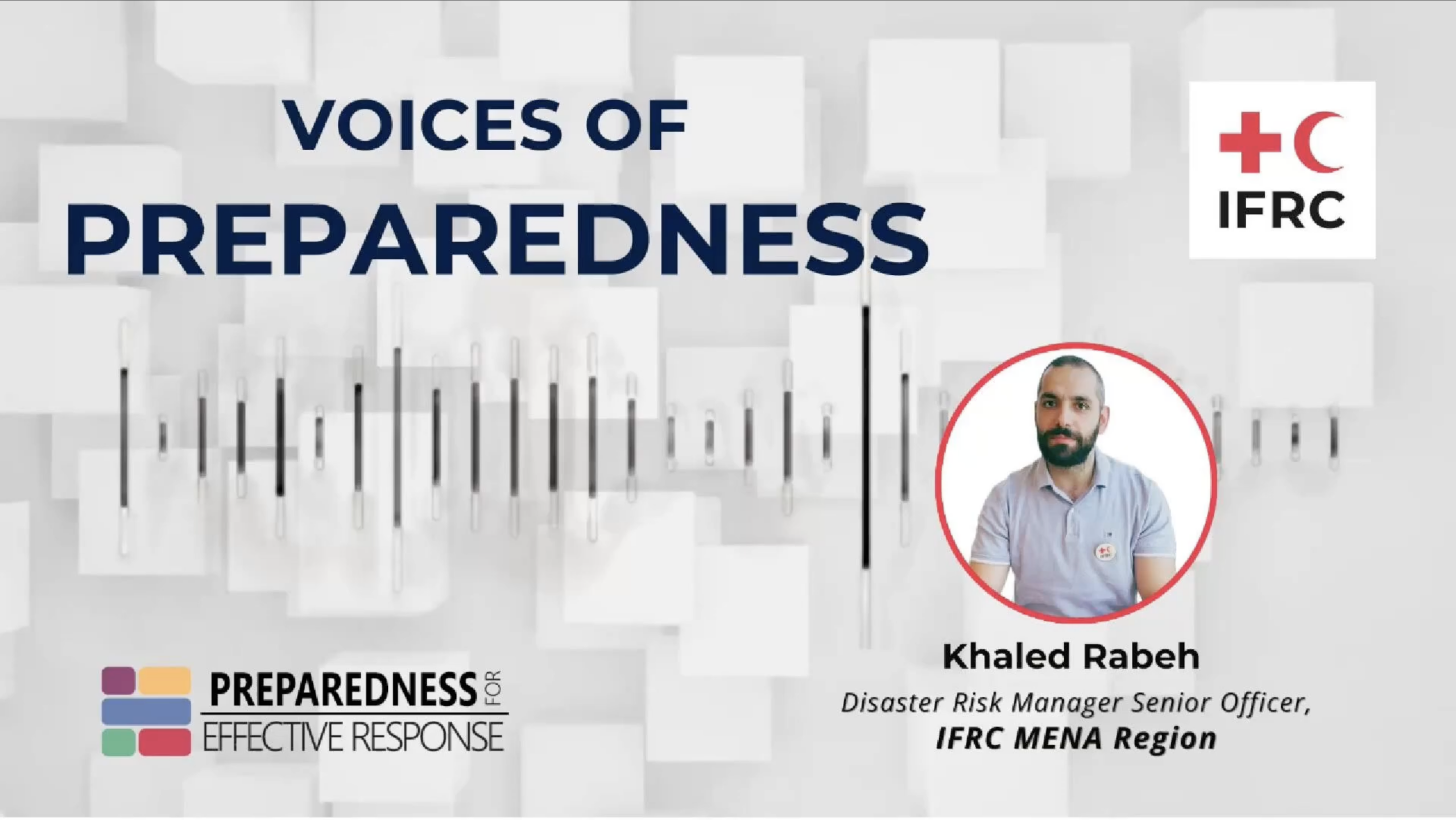 "Voices of Preparedness" podcast thumbnail featuring Khaled Rabeh, Disaster Risk Manager Senior Officer at the IFRC MENA Region, with the IFRC and Preparedness for Effective Response logos on a gray geometric background with an audio waveform graphic.