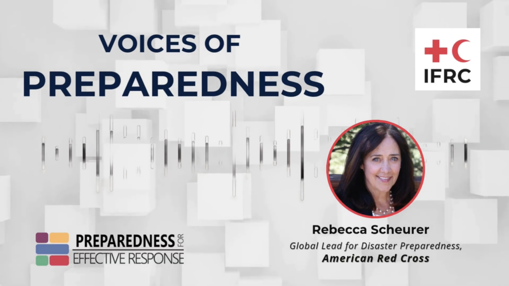 "Voices of Preparedness" podcast thumbnail featuring Rebecca Scheurer, Global Lead for Disaster Preparedness at the American Red Cross, with the IFRC and Preparedness for Effective Response logos on a gray geometric background with an audio waveform graphic.