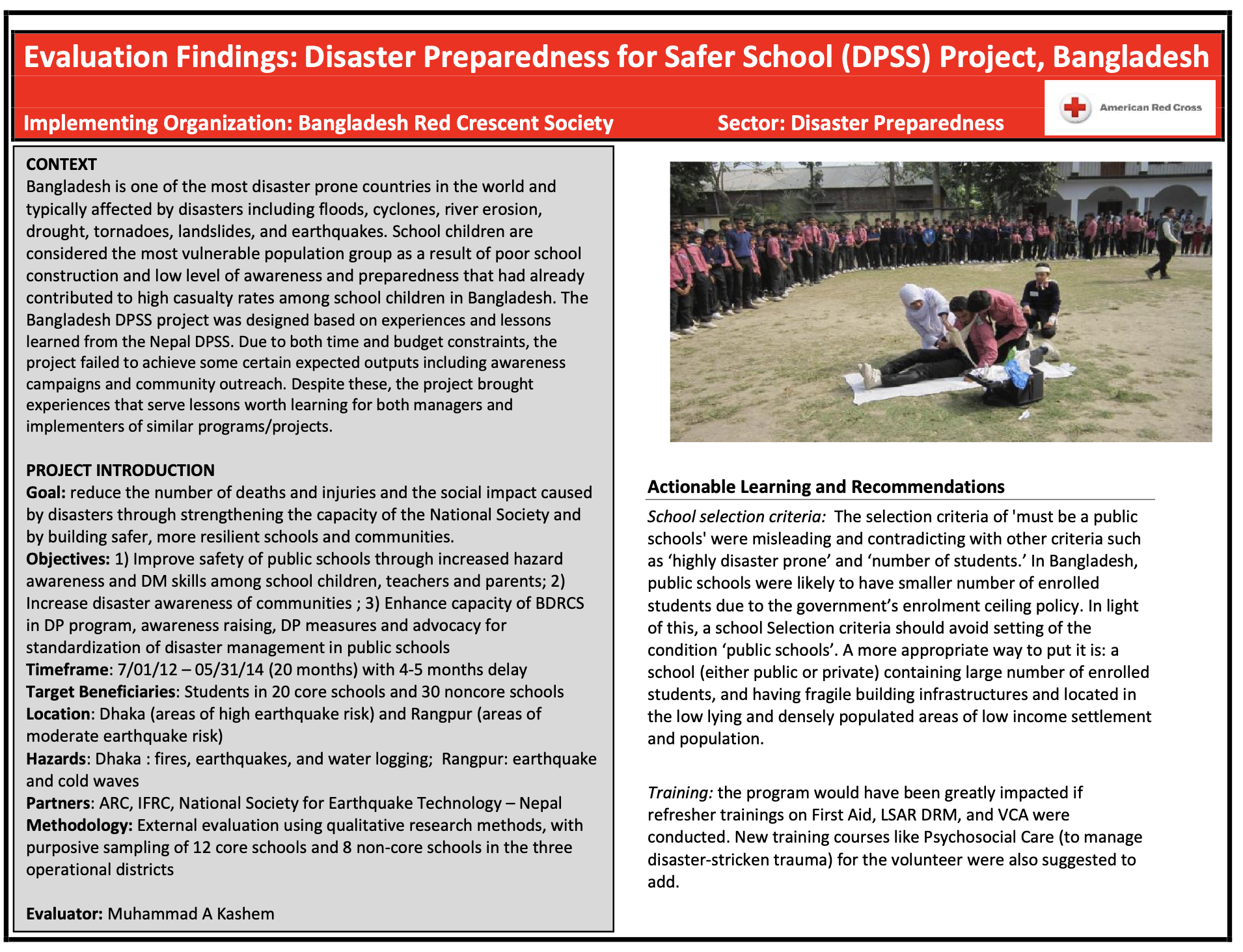American Red Cross evaluation summary titled 'Evaluation Findings: Disaster Preparedness for Safer School (DPSS) Project, Bangladesh,' implemented by the Bangladesh Red Crescent Society in the Disaster Preparedness sector. The left column covers context, project goals, objectives, timeframe, beneficiaries, locations, hazards, partners, and methodology; the right column shows a photo of uniformed schoolchildren lined up outdoors while students practice a first-aid demonstration on the ground, alongside actionable learning and recommendations on school selection criteria and refresher training needs.