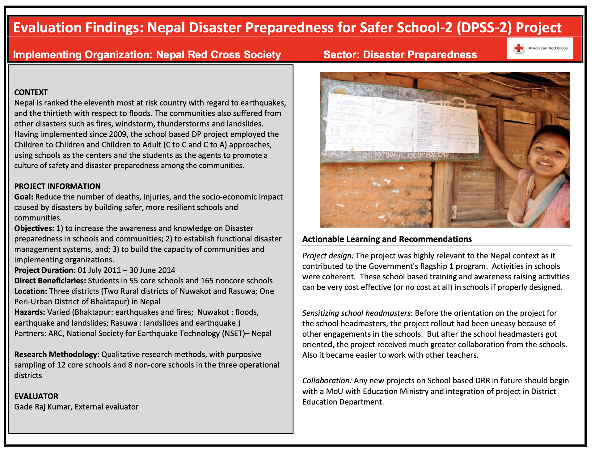 American Red Cross evaluation summary titled 'Evaluation Findings: Nepal Disaster Preparedness for Safer School-2 (DPSS-2) Project,' implemented by the Nepal Red Cross Society in the Disaster Preparedness sector. The left column covers context, project goals, objectives, duration, beneficiaries, locations, hazards, partners, and research methodology; the right column shows a photo of a young girl pointing to a posted notice on a wooden building, alongside actionable learning and recommendations on project design, sensitizing school headmasters, and collaboration with the Education Ministry.