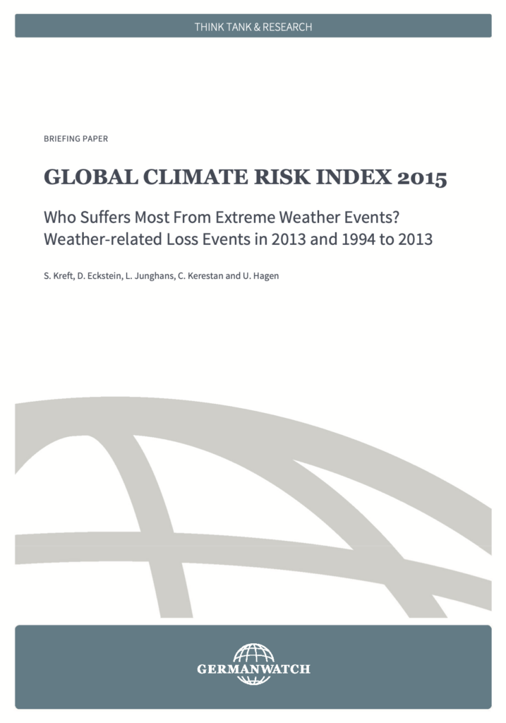 Germanwatch briefing paper cover titled 'Global Climate Risk Index 2015: Who Suffers Most From Extreme Weather Events? Weather-related Loss Events in 2013 and 1994 to 2013,' by S. Kreft, D. Eckstein, L. Junghans, C. Kerestan and U. Hagen, labeled 'Think Tank & Research,' with an abstract curved-line graphic design.