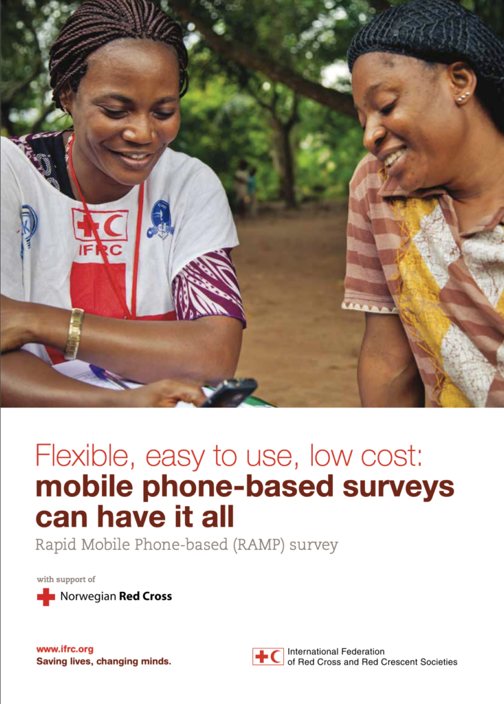IFRC report cover titled 'Flexible, easy to use, low cost: mobile phone-based surveys can have it all — Rapid Mobile Phone-based (RAMP) survey,' supported by the Norwegian Red Cross. The photo shows a smiling IFRC volunteer using a mobile phone while conducting a survey with a smiling woman in a patterned headscarf outdoors.