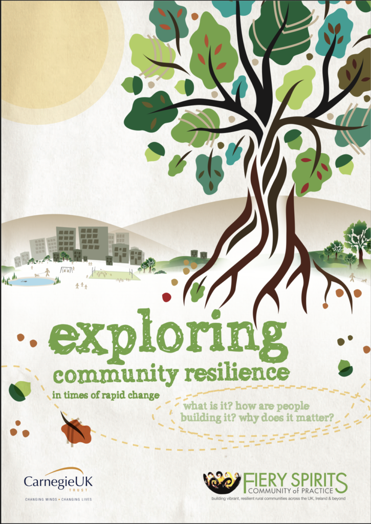 Illustrated report cover titled 'Exploring community resilience in times of rapid change: what is it? how are people building it? why does it matter?' featuring a large tree with deep roots spreading over an illustrated landscape of hills, a small city skyline, a park, and a pond. Published by Carnegie UK Trust and the Fiery Spirits Community of Practice, described as 'building vibrant, resilient rural communities across the UK, Ireland & beyond.'