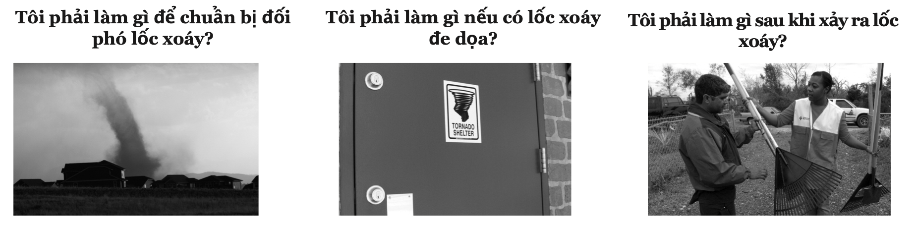Vietnamese-language tornado safety checklist graphic with three black-and-white sections: 'What should I do to prepare for a tornado?' showing a tornado touching down near houses in a field; 'What should I do if a tornado threatens?' showing a metal door with a 'Tornado Shelter' sign; and 'What should I do after a tornado occurs?' showing a man and a Red Cross worker in a safety vest holding rakes for cleanup.