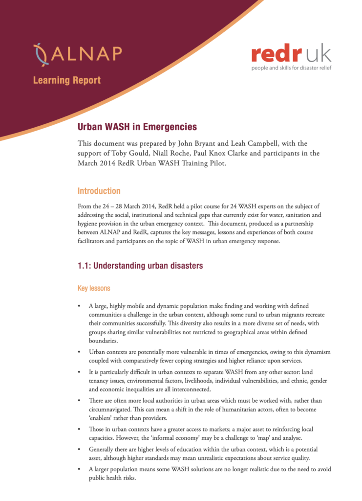 First page of an ALNAP and RedR UK Learning Report titled 'Urban WASH in Emergencies,' introducing the document and beginning Section 1.1 'Understanding Urban Disasters' with a bulleted list of key lessons about WASH challenges in urban emergency contexts.