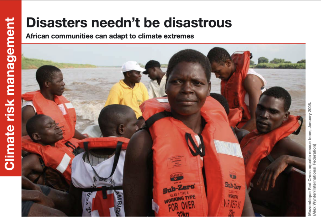 Report cover titled 'Disasters needn't be disastrous: African communities can adapt to climate extremes,' under the section heading 'Climate risk management.' The photo shows a group of people wearing orange life jackets aboard a boat on a river, part of a Mozambique Red Cross aquatic rescue team, January 2008