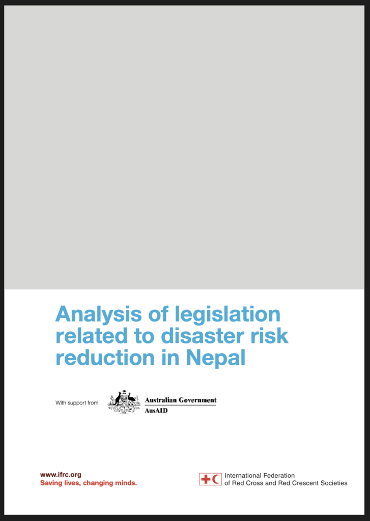 IFRC report cover titled 'Analysis of Legislation Related to Disaster Risk Reduction in Nepal,' with support from the Australian Government's AusAID, on a plain gray and white background.