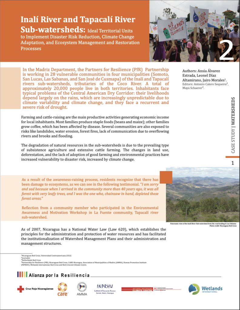 Case study titled 'Inalí River and Tapacalí River Sub-watersheds: Ideal Territorial Units to Implement Disaster Risk Reduction, Climate Change Adaptation, and Ecosystem Management and Restoration Processes,' by authors Ansia Álvarez Estrada, Leonel Díaz Altamirano, and Jairo Morales, edited by Antonio Calero Sequeira and Maya Schaerer, published as part of the Alianza por la Resiliencia (Partners for Resilience) series. The top photo shows children marching with environmental awareness signs, and a lower photo shows a panoramic view of hills in the Inalí River sub-watershed near Las Sabanas.