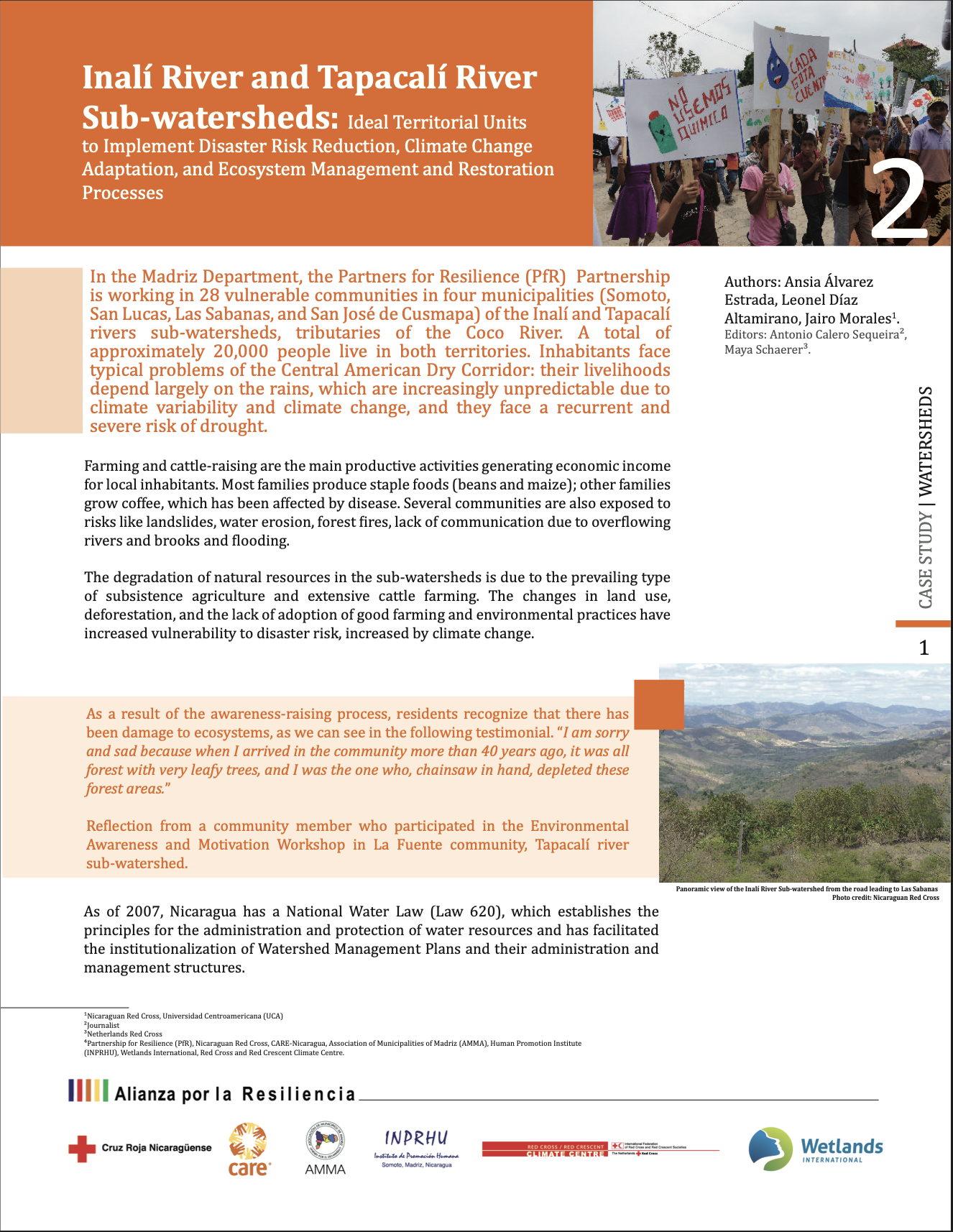 Case study titled 'Inalí River and Tapacalí River Sub-watersheds: Ideal Territorial Units to Implement Disaster Risk Reduction, Climate Change Adaptation, and Ecosystem Management and Restoration Processes,' by authors Ansia Álvarez Estrada, Leonel Díaz Altamirano, and Jairo Morales, edited by Antonio Calero Sequeira and Maya Schaerer, published as part of the Alianza por la Resiliencia (Partners for Resilience) series. The top photo shows children marching with environmental awareness signs, and a lower photo shows a panoramic view of hills in the Inalí River sub-watershed near Las Sabanas.