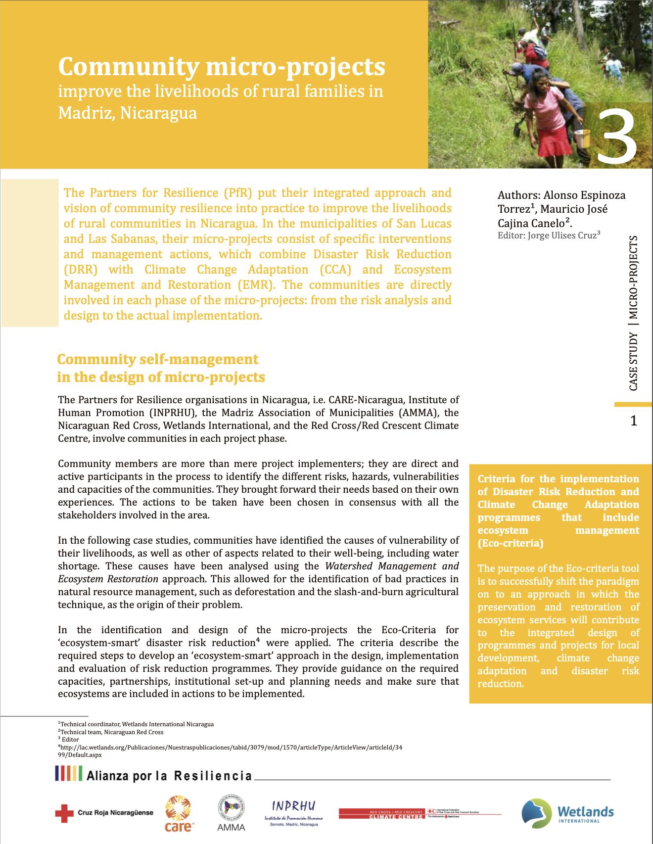 Case study titled 'Community Micro-projects Improve the Livelihoods of Rural Families in Madriz, Nicaragua,' by authors Alonso Espinoza Torrez and Mauricio José Cajina Canelo, edited by Jorge Ulises Cruz, published as part of the Alianza por la Resiliencia (Partners for Resilience) series. The page includes a highlighted box on Eco-criteria for ecosystem-smart disaster risk reduction, and a photo of people walking single-file up a grassy hillside carrying tools and supplies.
