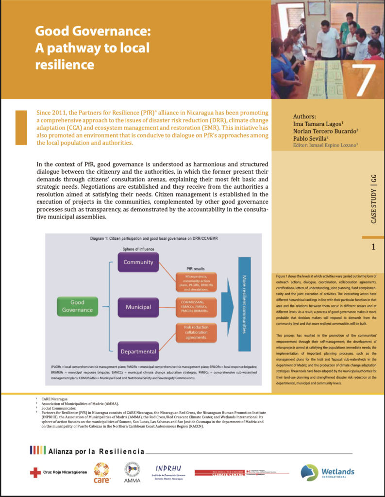 Case study titled 'Good Governance: A Pathway to Local Resilience,' by authors Ima Tamara Lagos, Norlan Tercero Bucardo, and Pablo Sevilla, edited by Ismael Espino Lozano, published as part of the Alianza por la Resiliencia (Partners for Resilience) series. The page includes a diagram illustrating citizen participation and good local governance across community, municipal, and departmental levels, plus a photo of community members reviewing documents together at a table.