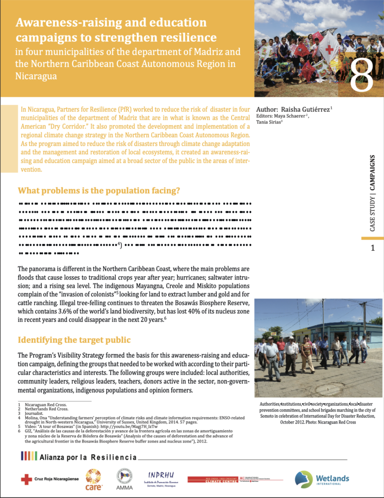 Case study titled 'Awareness-raising and education campaigns to strengthen resilience in four municipalities of the department of Madriz and the Northern Caribbean Coast Autonomous Region in Nicaragua,' by author Raisha Gutiérrez with editors Maya Schaerer and Tania Sirias, published as part of the Alianza por la Resiliencia (Partners for Resilience) series. The top photo shows a group of children and adults gathered outdoors holding colorful kites and a Red Cross banner, and a bottom photo shows a group of authorities and community members marching through a street in Somoto during International Day for Disaster Reduction, October 2012.