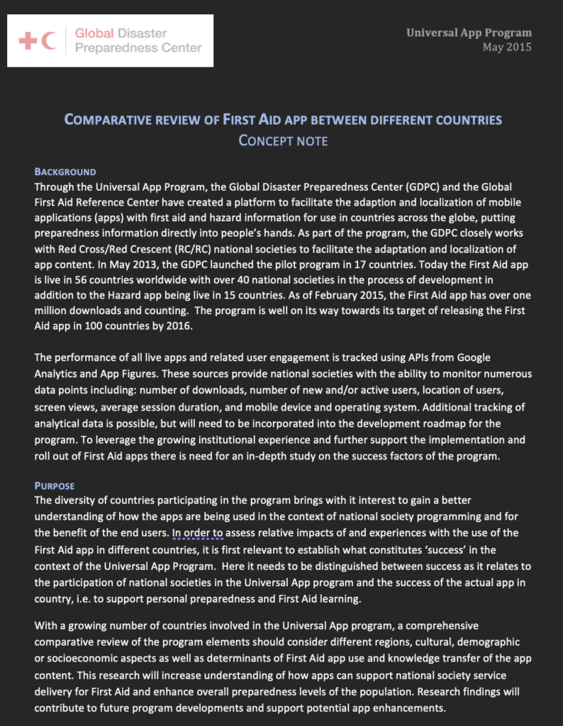 First page of a Global Disaster Preparedness Center document titled 'Comparative Review of First Aid App Between Different Countries: Concept Note,' part of the Universal App Program, dated May 2015. The page includes Background and Purpose sections describing the First Aid app's global rollout, usage tracking, and the goals of the comparative research study.