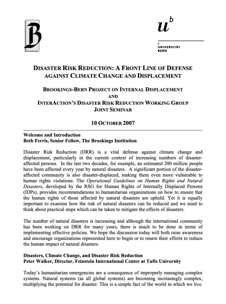 First page of a seminar report titled 'Disaster Risk Reduction: A Front Line of Defense Against Climate Change and Displacement,' from the Brookings-Bern Project on Internal Displacement and InterAction's Disaster Risk Reduction Working Group Joint Seminar, dated 10 October 2007. The page includes a Welcome and Introduction by Beth Ferris of the Brookings Institution and begins remarks by Peter Walker of the Feinstein International Center at Tufts University, with logos for Brookings and the Universität Bern at the top.