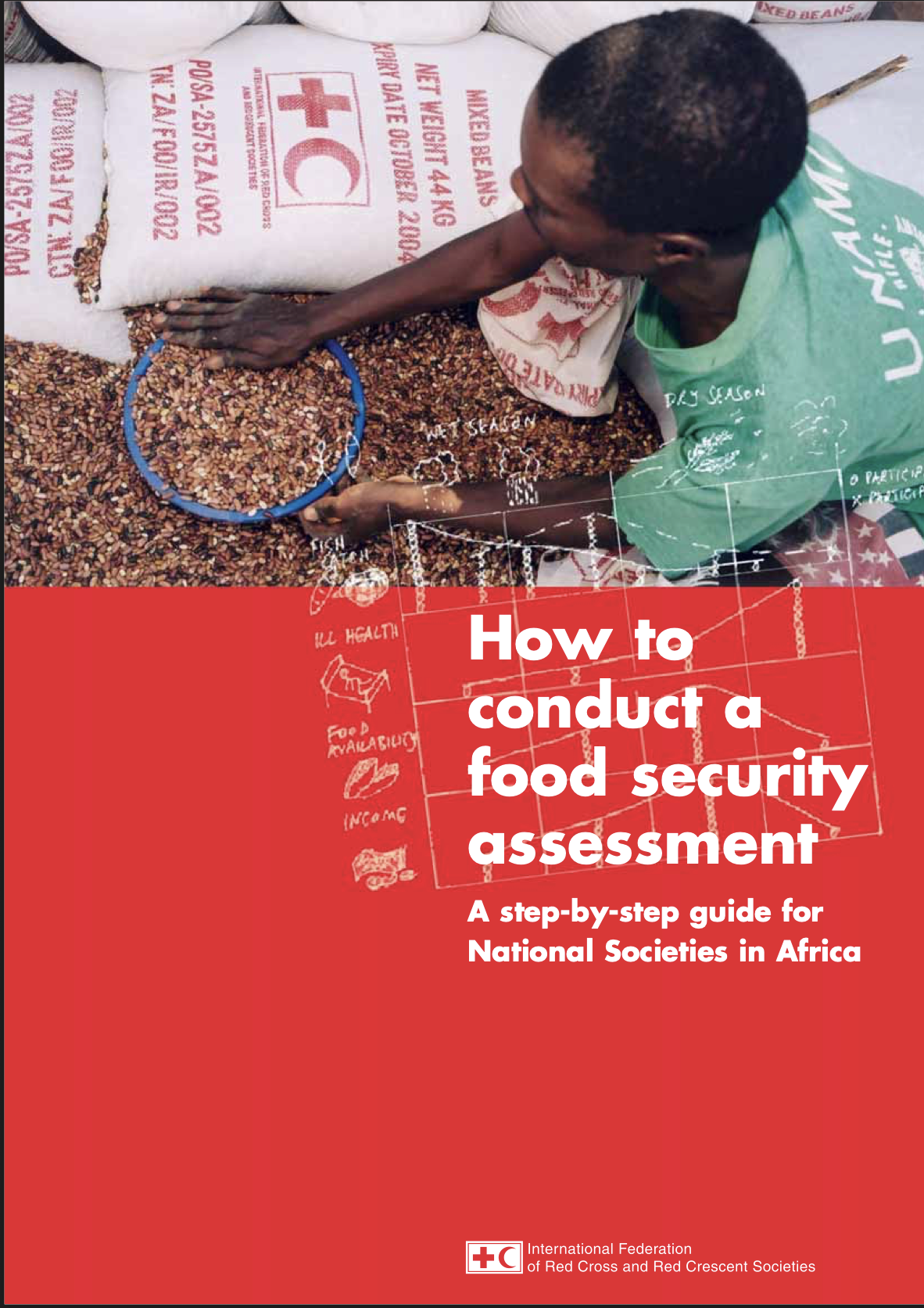 IFRC guide cover titled 'How to Conduct a Food Security Assessment: A Step-by-Step Guide for National Societies in Africa.' The top photo shows a person measuring mixed beans next to bagged Red Cross food aid, overlaid with a hand-drawn diagram illustrating factors like ill health, food availability, and income.