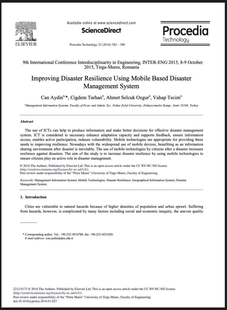 First page of a journal article titled 'Improving Disaster Resilience Using Mobile Based Disaster Management System,' by Can Aydin, Cigdem Tarhan, Ahmet Selcuk Ozgur, and Vahap Tecim, published in Procedia Technology 22 (2016) 382–390, presented at the 9th International Conference Interdisciplinarity in Engineering (INTER-ENG 2015), Tirgu-Mures, Romania. The page includes the abstract, keywords, and the beginning of the Introduction section.
