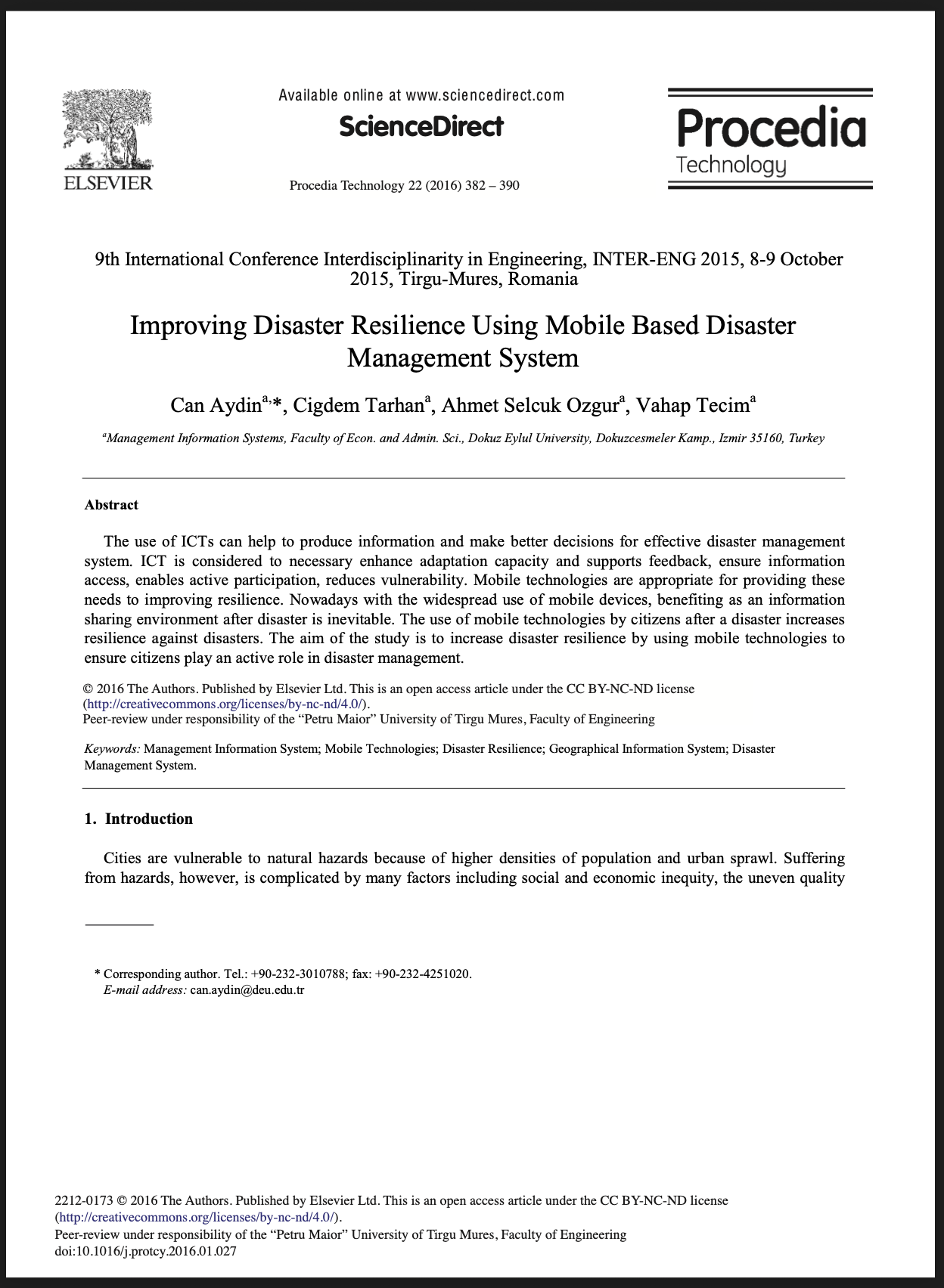 First page of a journal article titled 'Improving Disaster Resilience Using Mobile Based Disaster Management System,' by Can Aydin, Cigdem Tarhan, Ahmet Selcuk Ozgur, and Vahap Tecim, published in Procedia Technology 22 (2016) 382–390, presented at the 9th International Conference Interdisciplinarity in Engineering (INTER-ENG 2015), Tirgu-Mures, Romania. The page includes the abstract, keywords, and the beginning of the Introduction section.