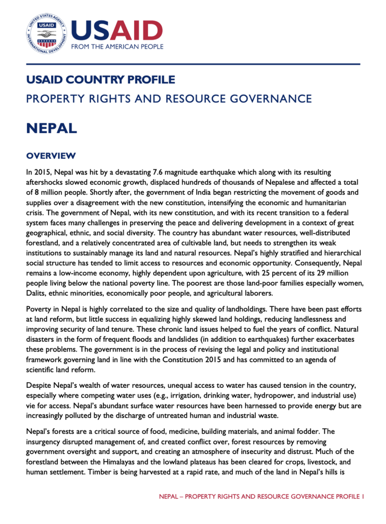 First page of a USAID Country Profile titled 'Property Rights and Resource Governance: Nepal.' The Overview section discusses the 2015 earthquake's impact, Nepal's political transition, land reform challenges, water resource tensions, and forestland pressures affecting the country's poorest populations.