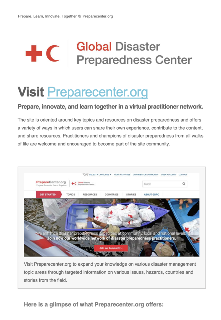 Promotional page for the Global Disaster Preparedness Center inviting readers to 'Visit Preparecenter.org: Prepare, innovate, and learn together in a virtual practitioner network.' Below the text is a screenshot of the PrepareCenter.org homepage, showing navigation tabs for Get Started, Topics, Resources, Countries, and Stories, with a banner photo of relief supplies being loaded onto small boats on floodwater.