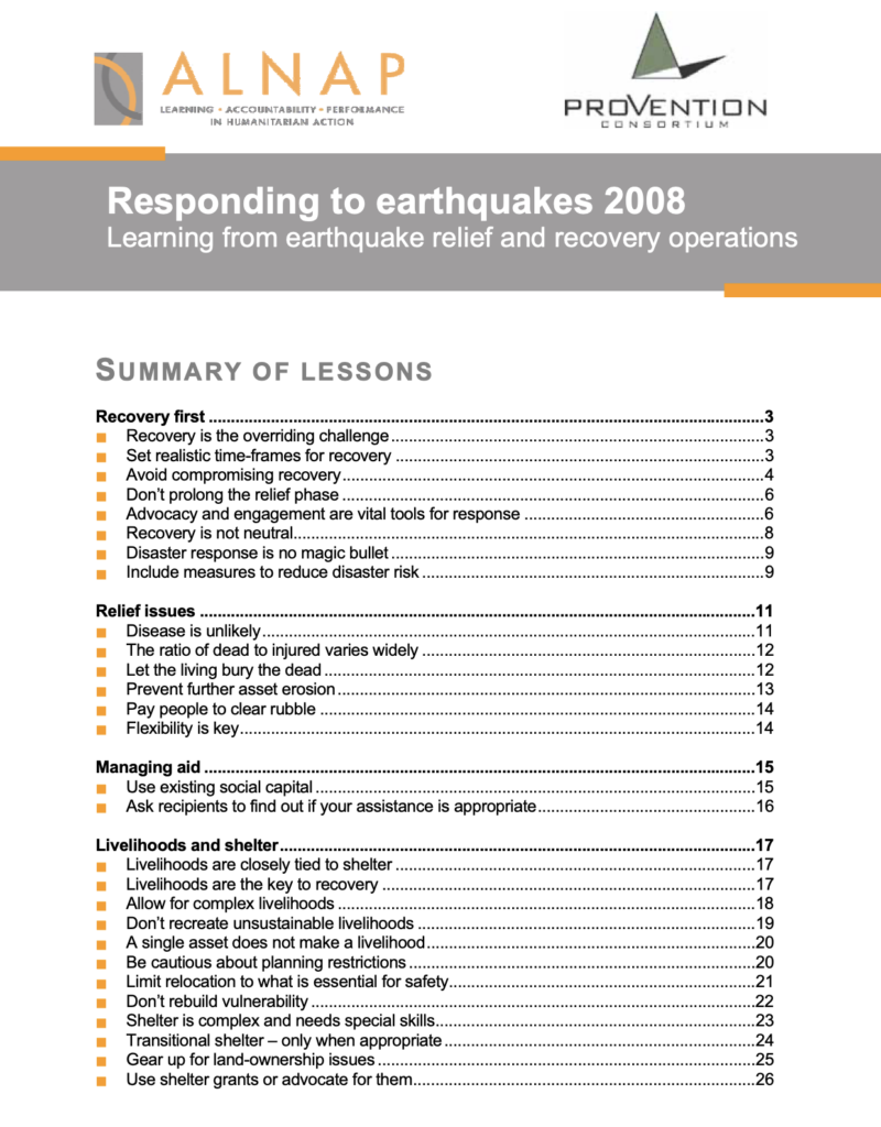 ALNAP and ProVention Consortium report titled 'Responding to Earthquakes 2008: Learning from Earthquake Relief and Recovery Operations,' showing the Summary of Lessons table of contents with sections on Recovery First, Relief Issues, Managing Aid, and Livelihoods and Shelter, each with bulleted sub-topics and page numbers.