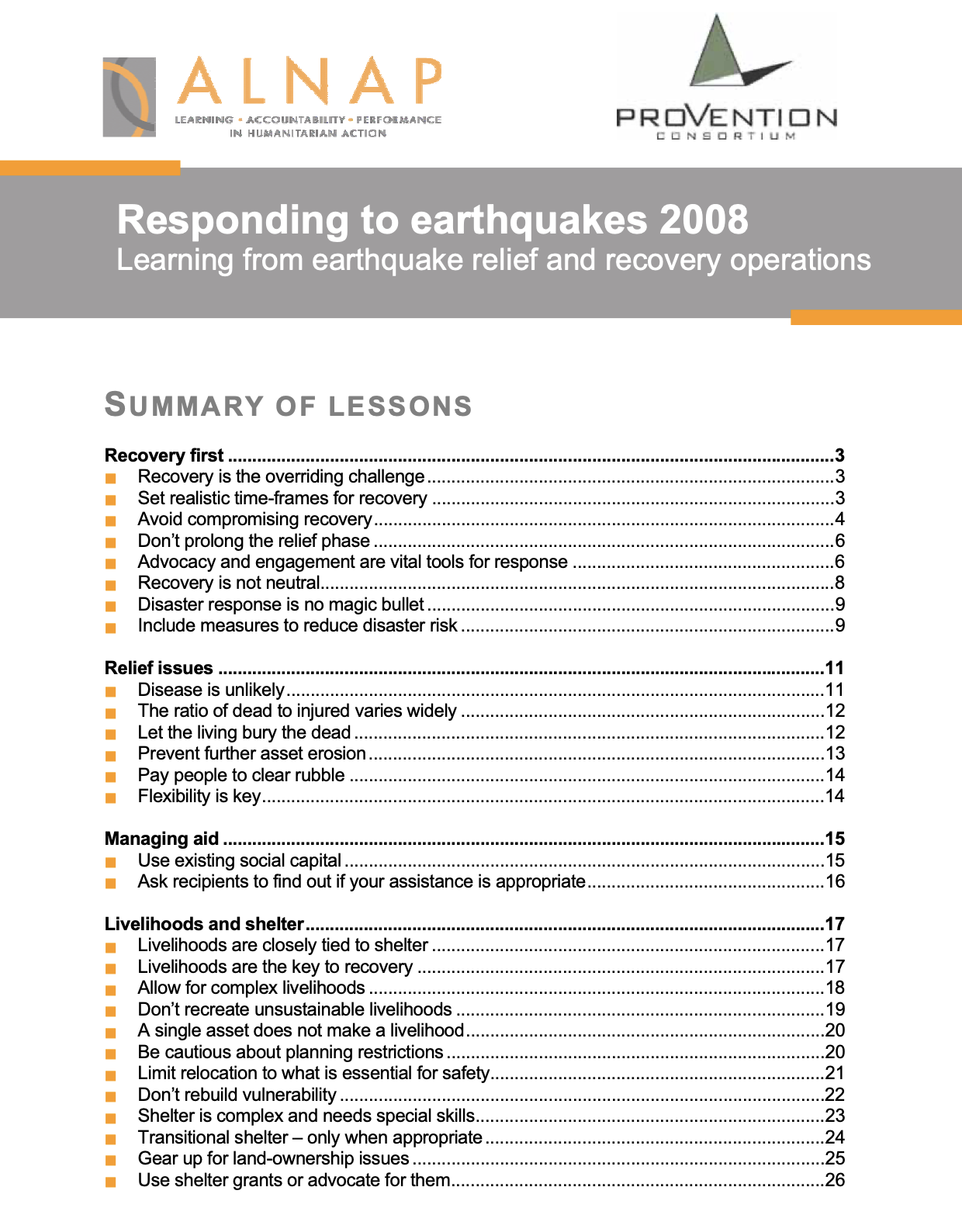 ALNAP and ProVention Consortium report titled 'Responding to Earthquakes 2008: Learning from Earthquake Relief and Recovery Operations,' showing the Summary of Lessons table of contents with sections on Recovery First, Relief Issues, Managing Aid, and Livelihoods and Shelter, each with bulleted sub-topics and page numbers.