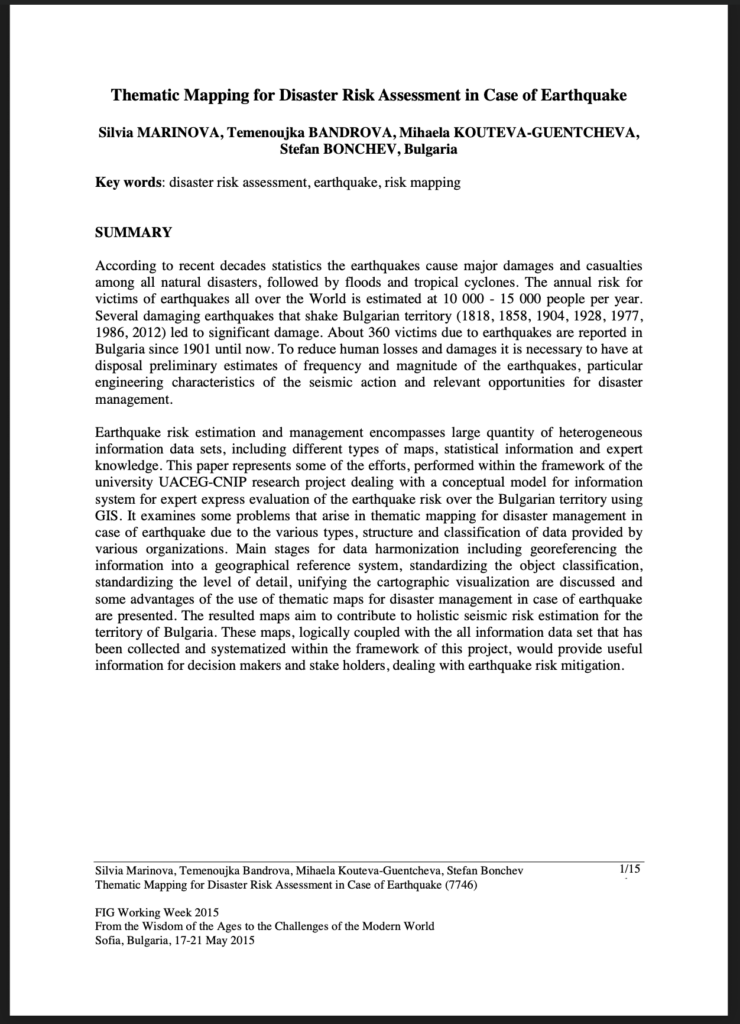 First page of a paper titled 'Thematic Mapping for Disaster Risk Assessment in Case of Earthquake,' by Silvia Marinova, Temenoujka Bandrova, Mihaela Kouteva-Guentcheva, and Stefan Bonchev of Bulgaria, presented at FIG Working Week 2015 in Sofia, Bulgaria, 17-21 May 2015. The page shows the keywords and summary describing earthquake risk assessment and thematic mapping research for Bulgaria.