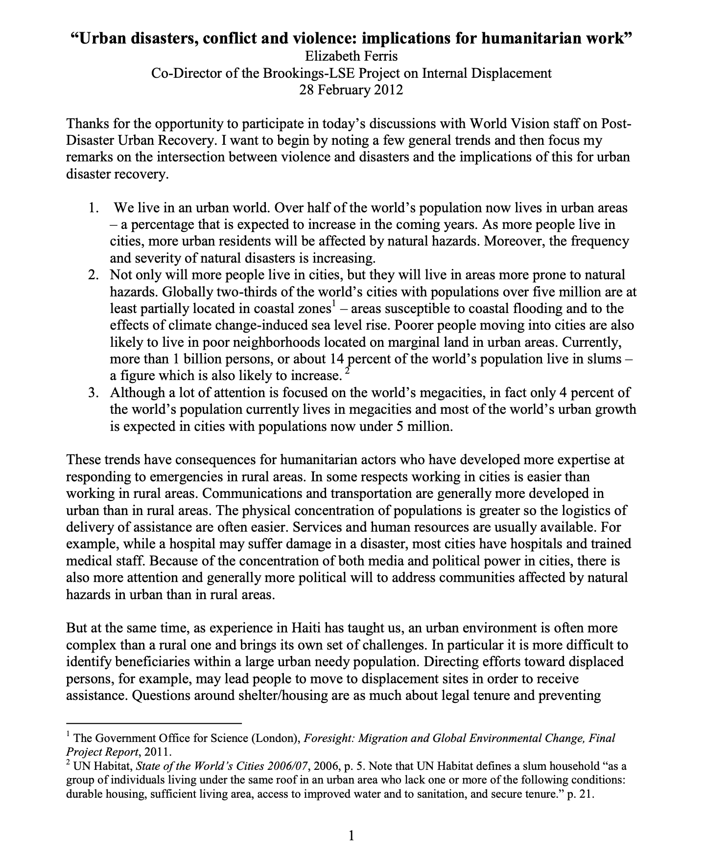 First page of a speech titled 'Urban disasters, conflict and violence: implications for humanitarian work,' by Elizabeth Ferris, Co-Director of the Brookings-LSE Project on Internal Displacement, dated 28 February 2012. The text discusses global urbanization trends, disaster risk in cities, and the challenges of humanitarian response in urban versus rural settings, with two footnotes citing sources on migration and slum populations.