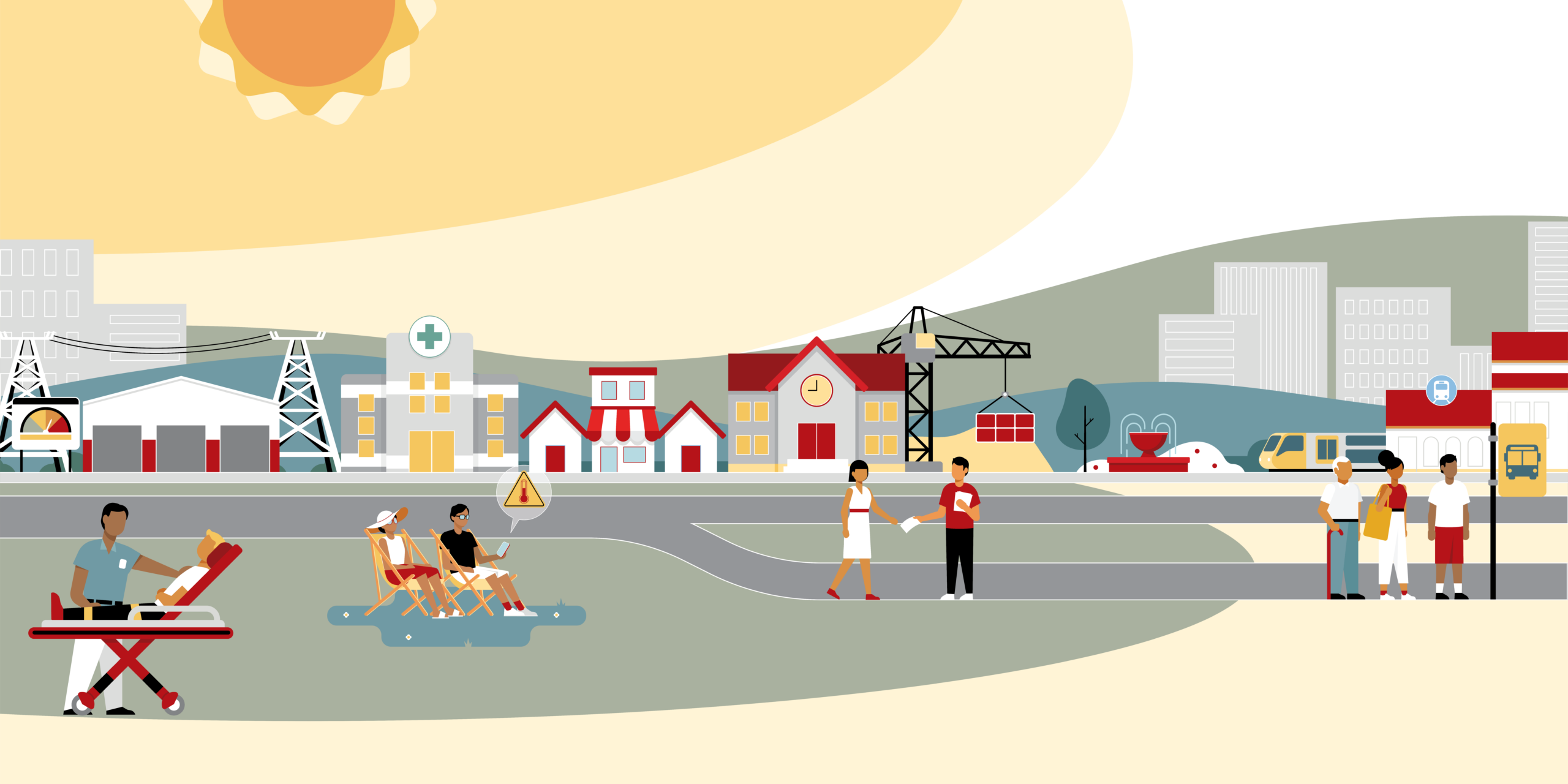 Illustration showing extreme heat as a systems issue, depicting people, infrastructure, natural environments, and urban elements interconnected under a large sun, representing how heat affects multiple components of urban life