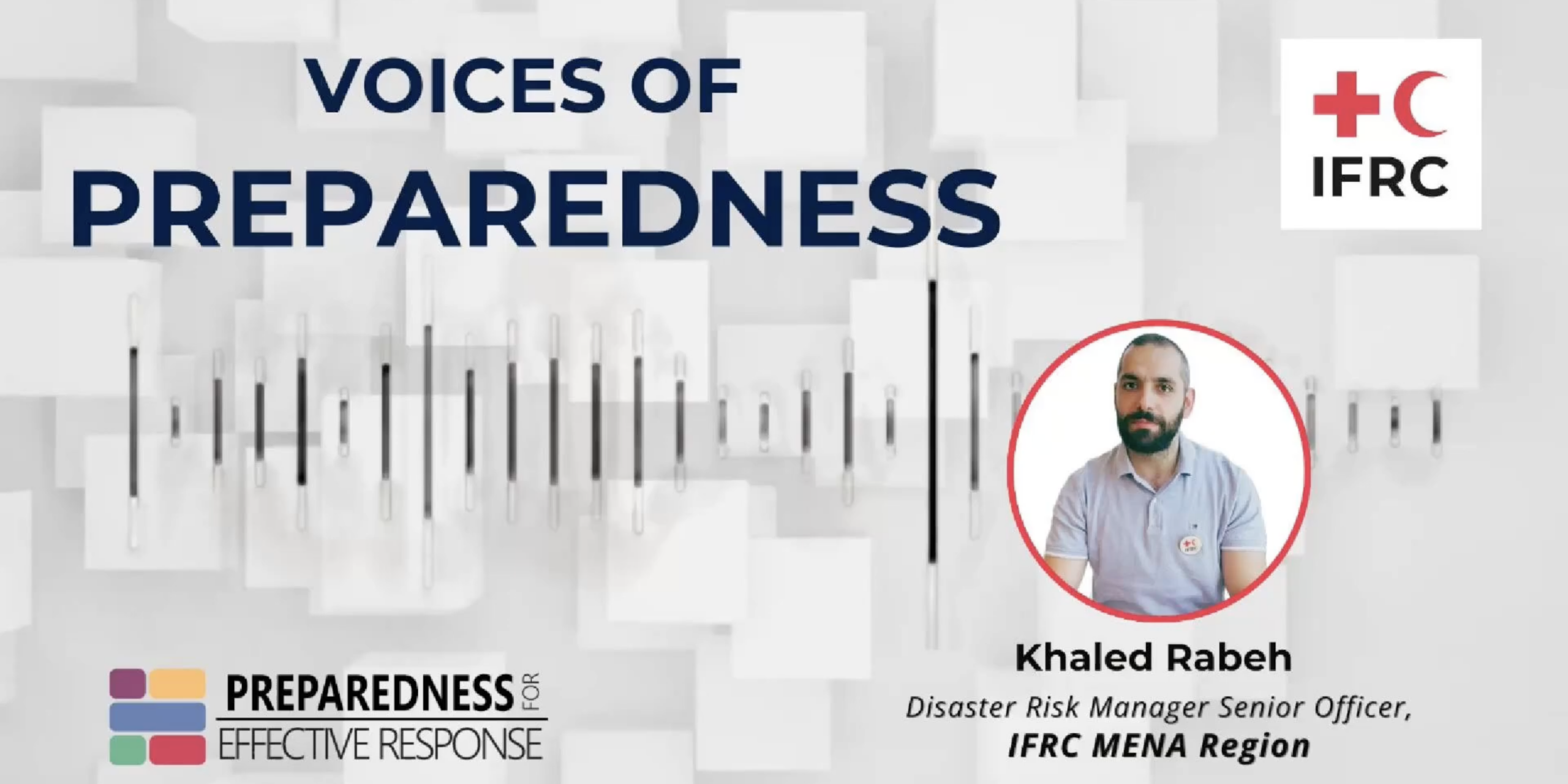 "Voices of Preparedness" podcast thumbnail featuring Khaled Rabeh, Disaster Risk Manager Senior Officer at the IFRC MENA Region, with the IFRC and Preparedness for Effective Response logos on a gray geometric background with an audio waveform graphic.